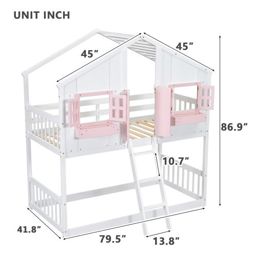 House Bunk Bed With Roof, Window, Window Box, Door, With Safety Guardrails And Ladder