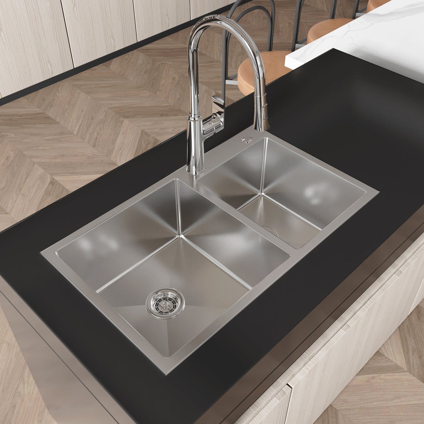 Stainless Steel Kitchen Sink, 32"x19" Double Bowl in Brushed Nickel
