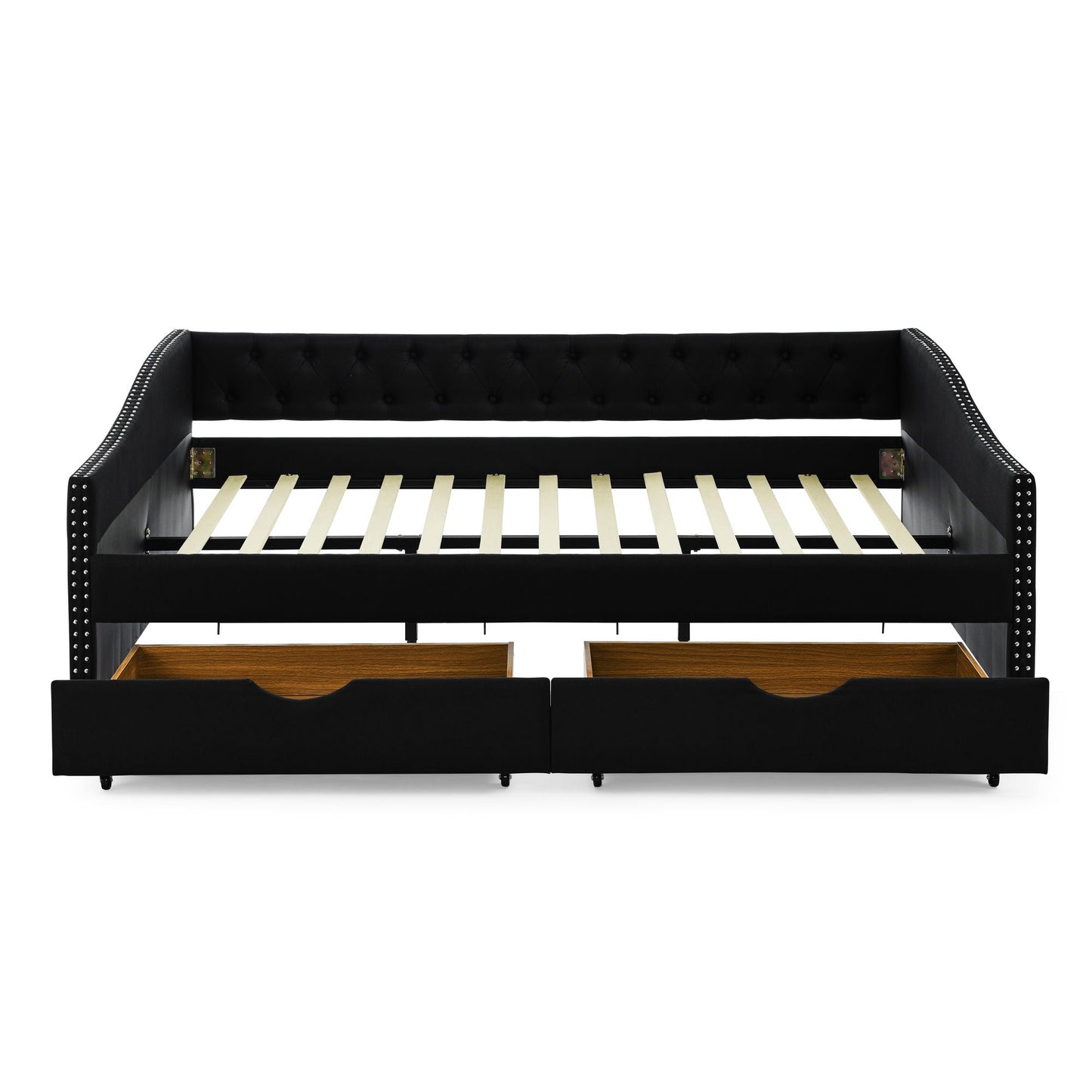 Upholstered Tufted Daybed With 2 Drawers, Waved Arms