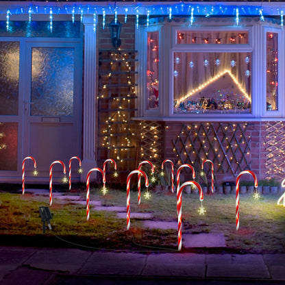 Solar Christmas Candy Cane Lights with 12 Candies 72LEDs Outdoor Christmas Decorations IP44 Waterproof Flickering Pathway Markers String Lights with 8