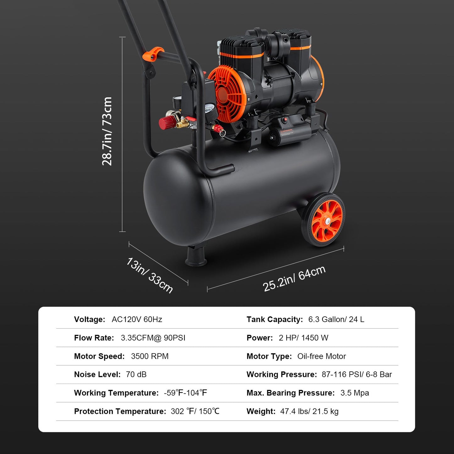 Air Compressor 6.3 Gallon 1450W 3.35 CFM@ 90PSI with Max. 116PSI Pressure
