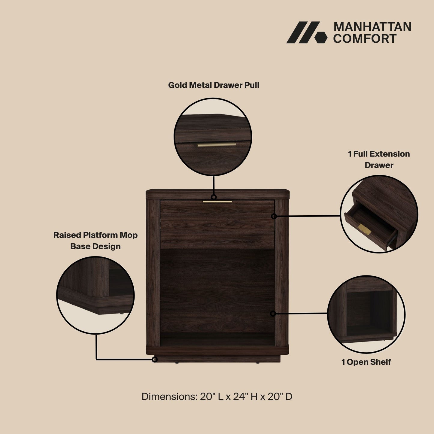 Evelyn - Nightstand With 1 Drawer And Open Shelf