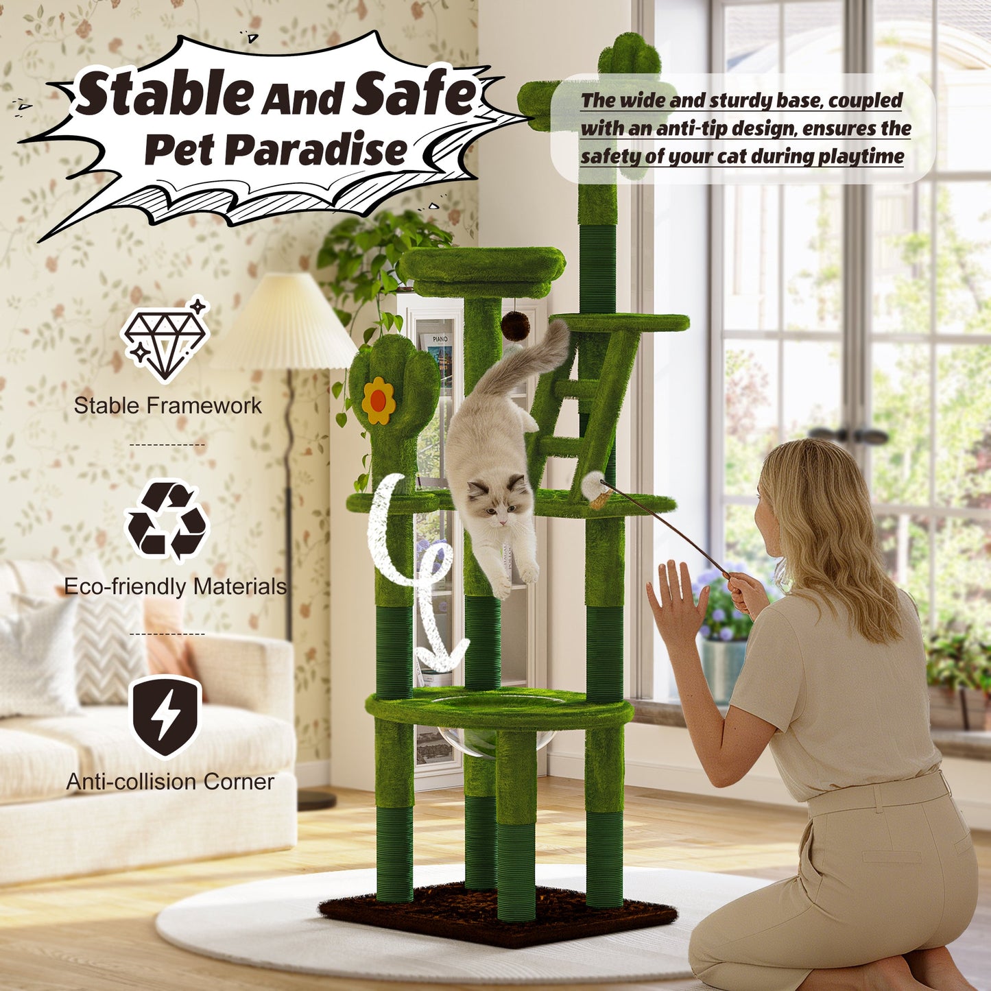72in Cactus Cat Tree Tall Cat Tower for Indoor Cats