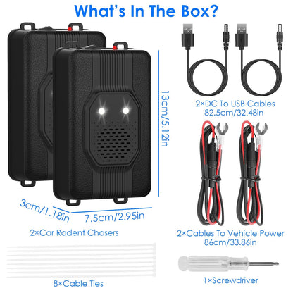 2 Pack Under Hood Ultrasonic Rodent Repeller Rodent Control Deterrent Chaser Blocker for Vehicle Indoor with Strobe Light 3 Power Supplies