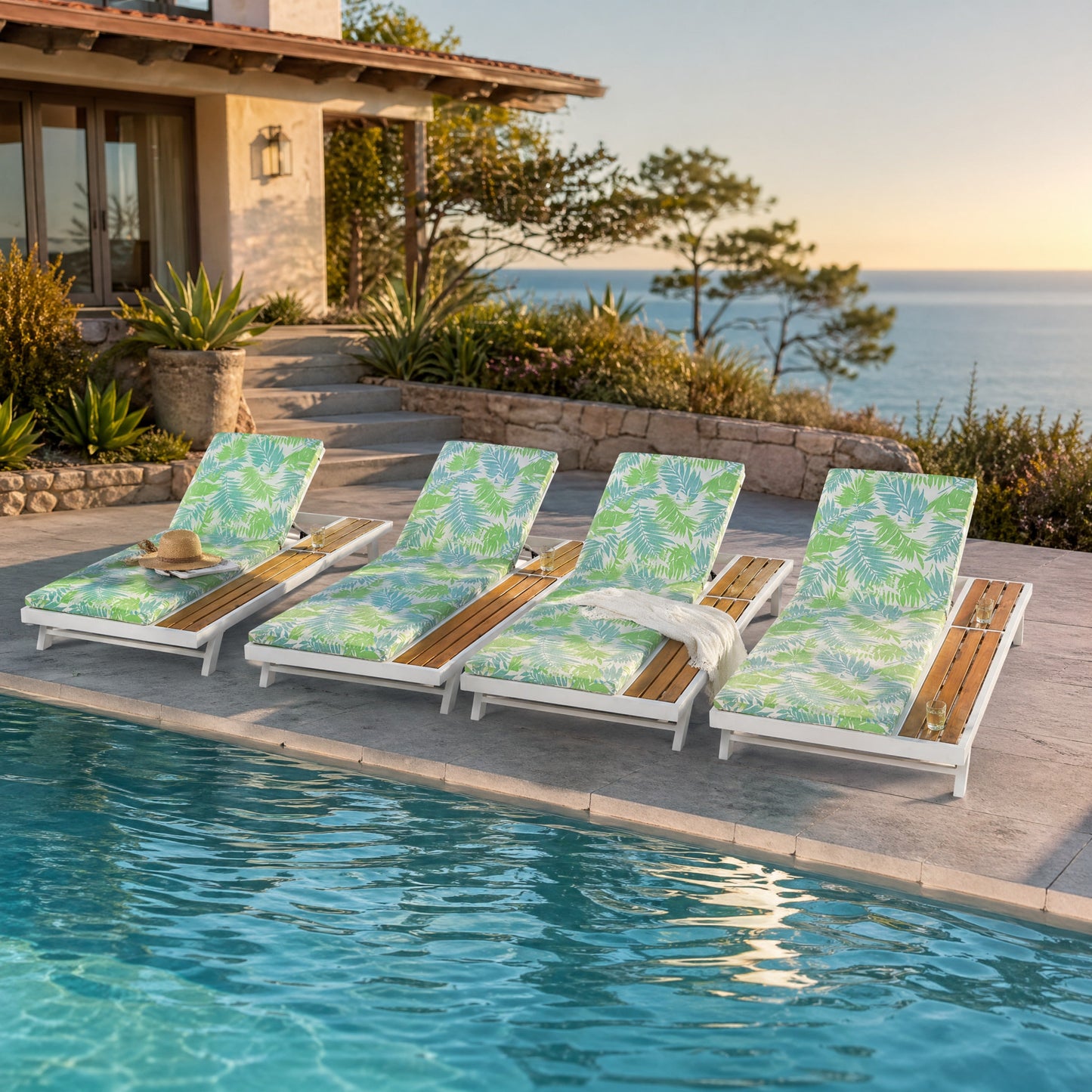 White Iron and Teak Finish Outdoor Chaise Lounge Set