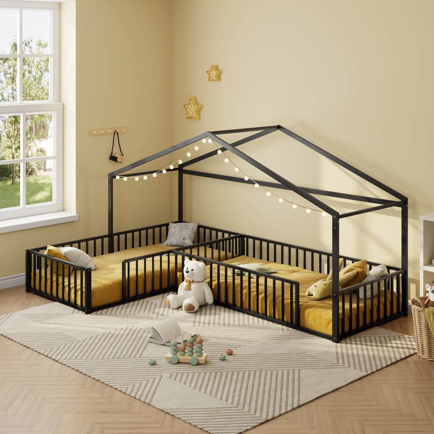 L-Shaped Montessori Bed For 2 Kids With Partitioned Fence