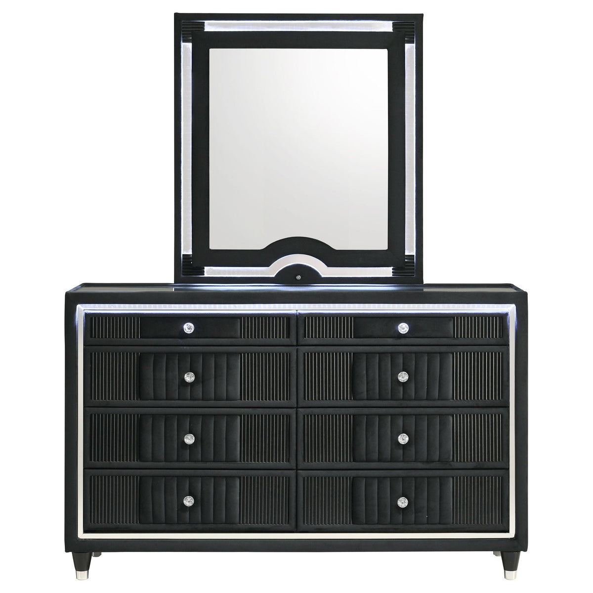 Ravenne 8-drawer Velvet Upholstered LED Dresser and Mirror Black