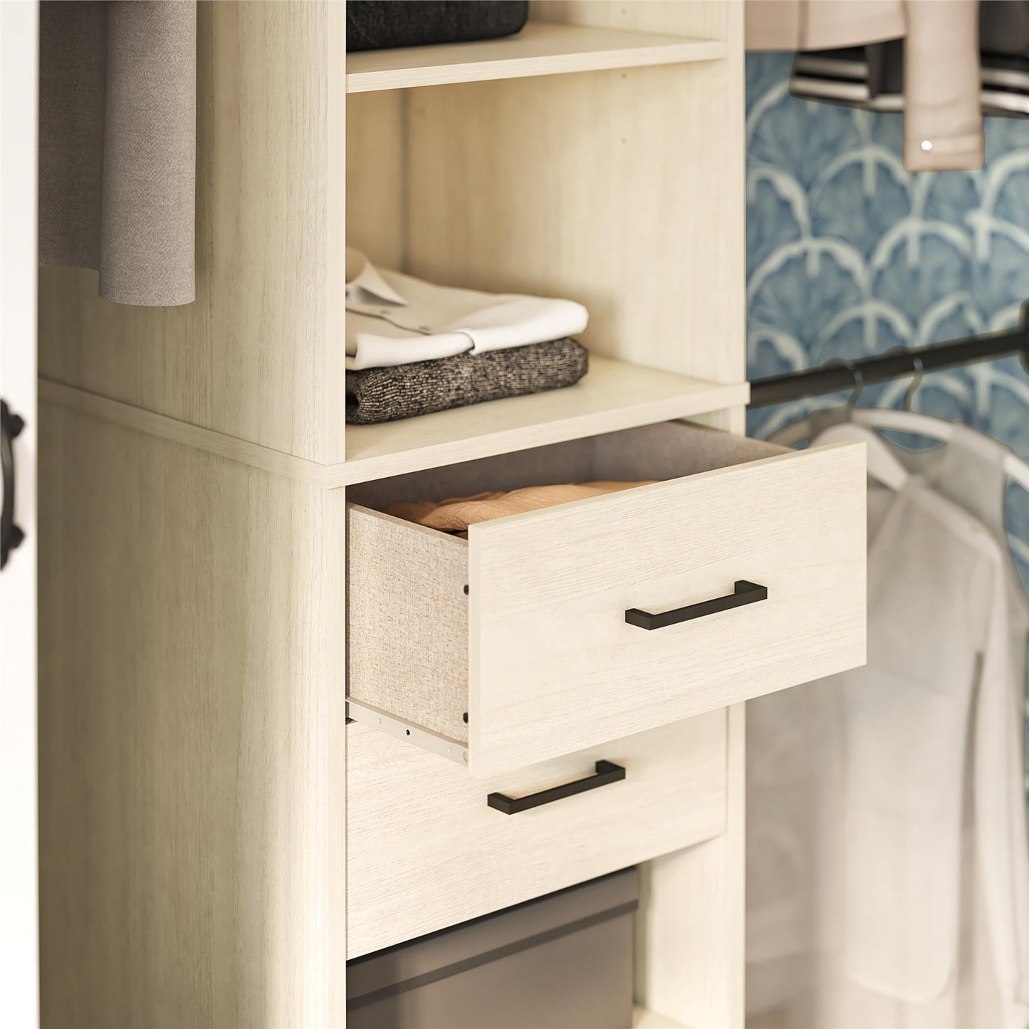 Kelly - 5 Shelf 2 Drawer Closet Organizer With 3 Adjustable Hanging Rods - Ivory