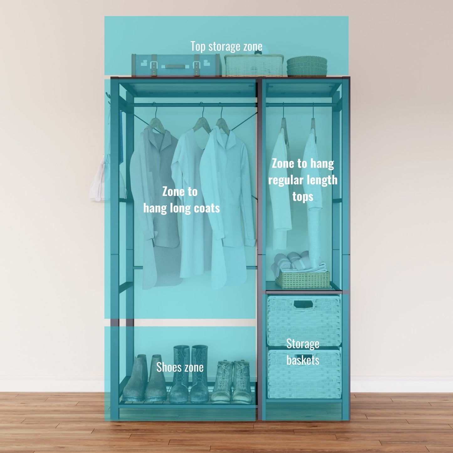 Garment Rack With Shelves, 2 Wicker Drawers, 4 Hooks Organizer