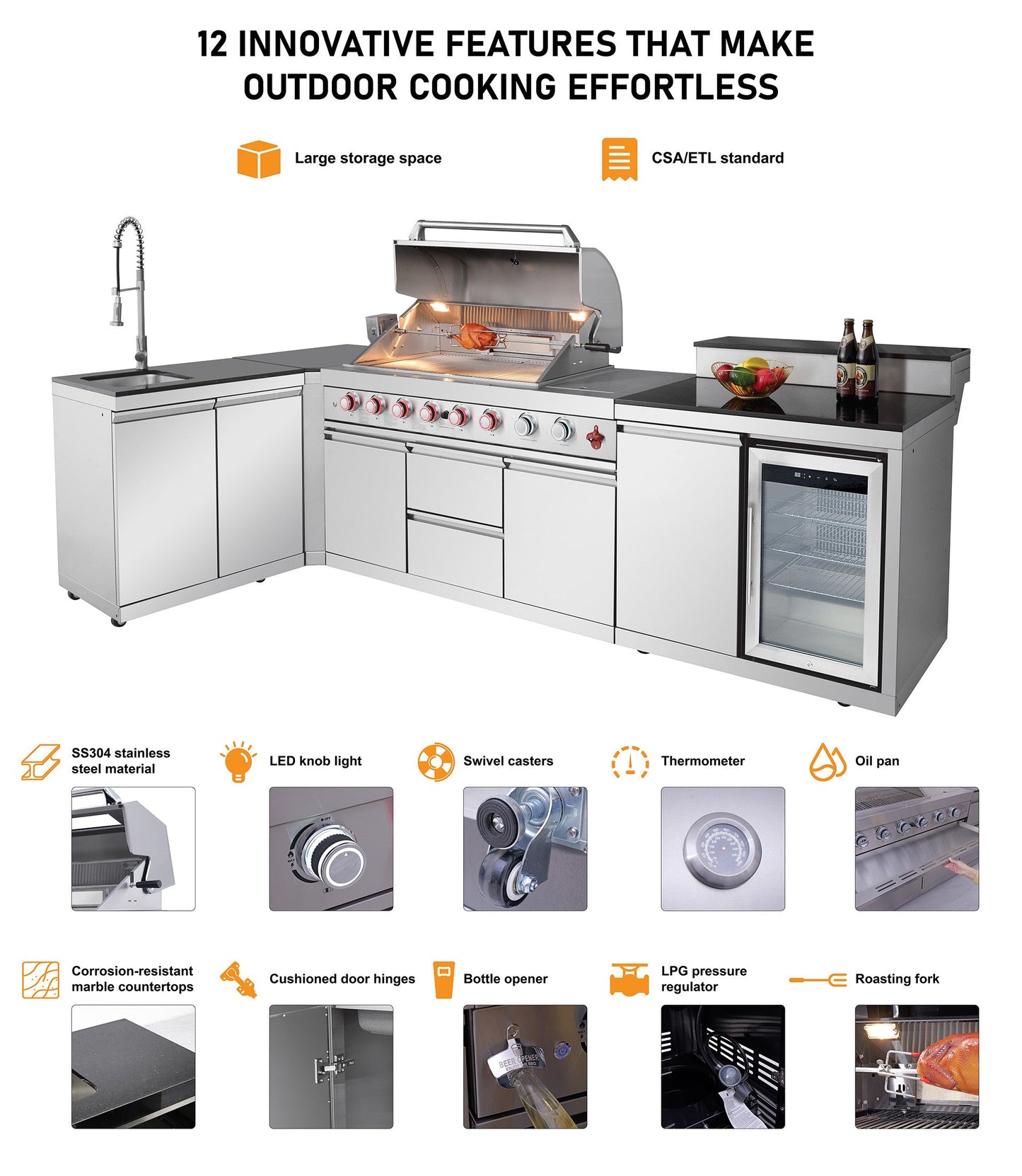 Outdoor Kitchen Island 82.5 Inch 6-Burner Propane Gas BBQ Grill