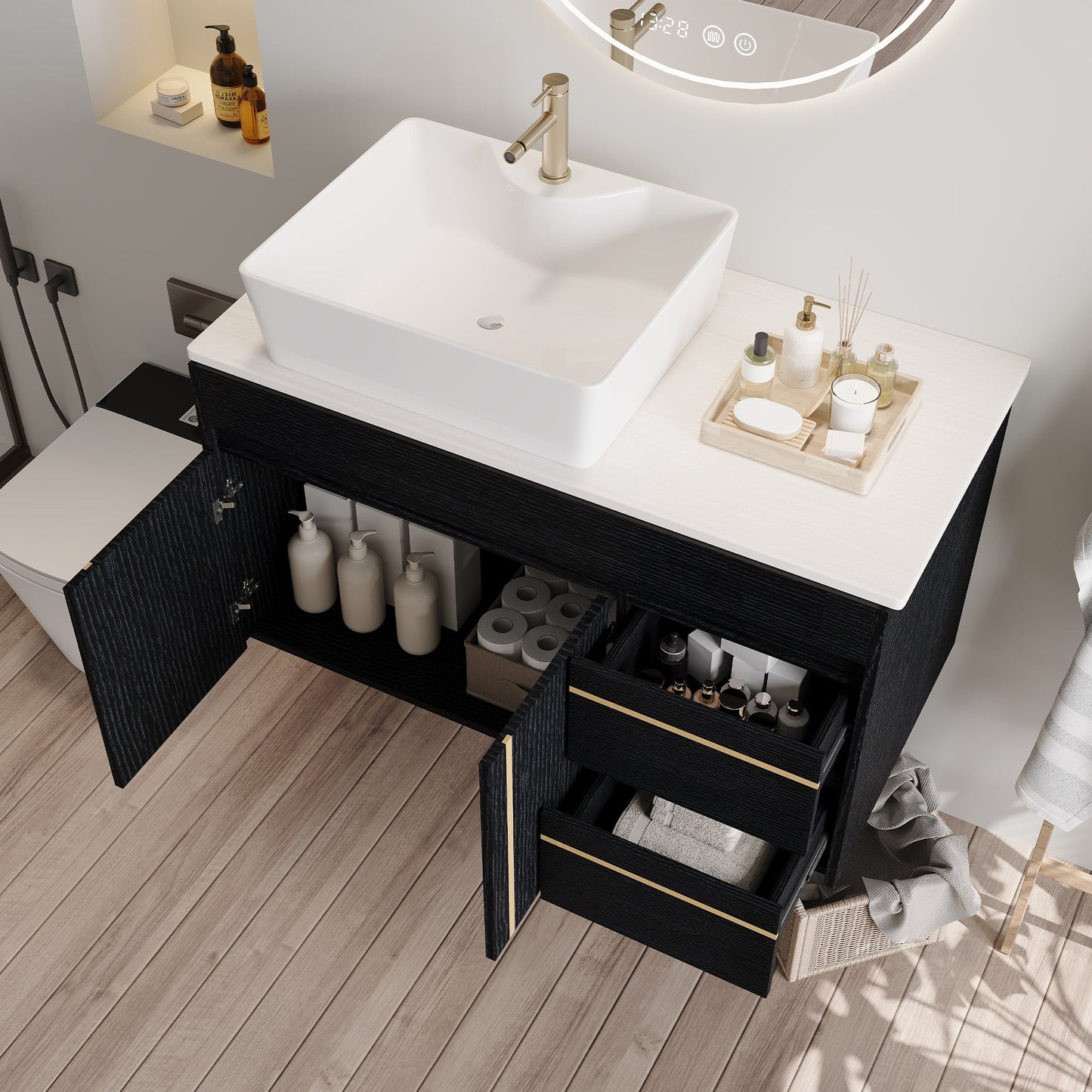 36" Wall-Mounted Bathroom Vanity with Vessel Ceramic Sink & Plywood Countertop