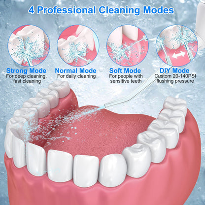 Portable Water Dental Flosser Cordless Rechargeable Dental Oral Irrigator IPX7 Waterproof Teeth Cleaner with 4 Modes 4 Nozzles 10.15oz Detachable Wate