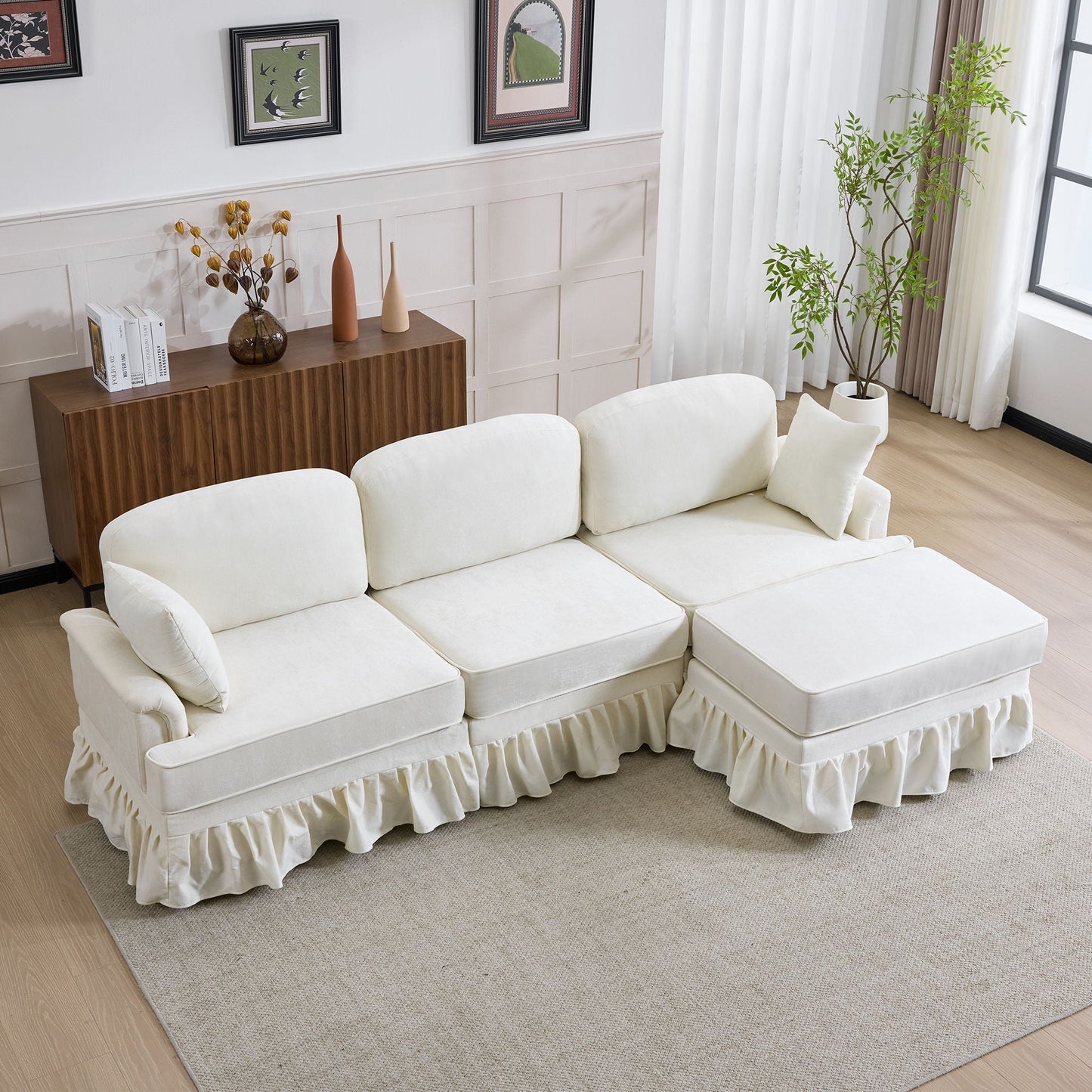 L-Shaped Sectional Sofa With Removable Ruffled Skirt, Flared Arms, Ottoman - White