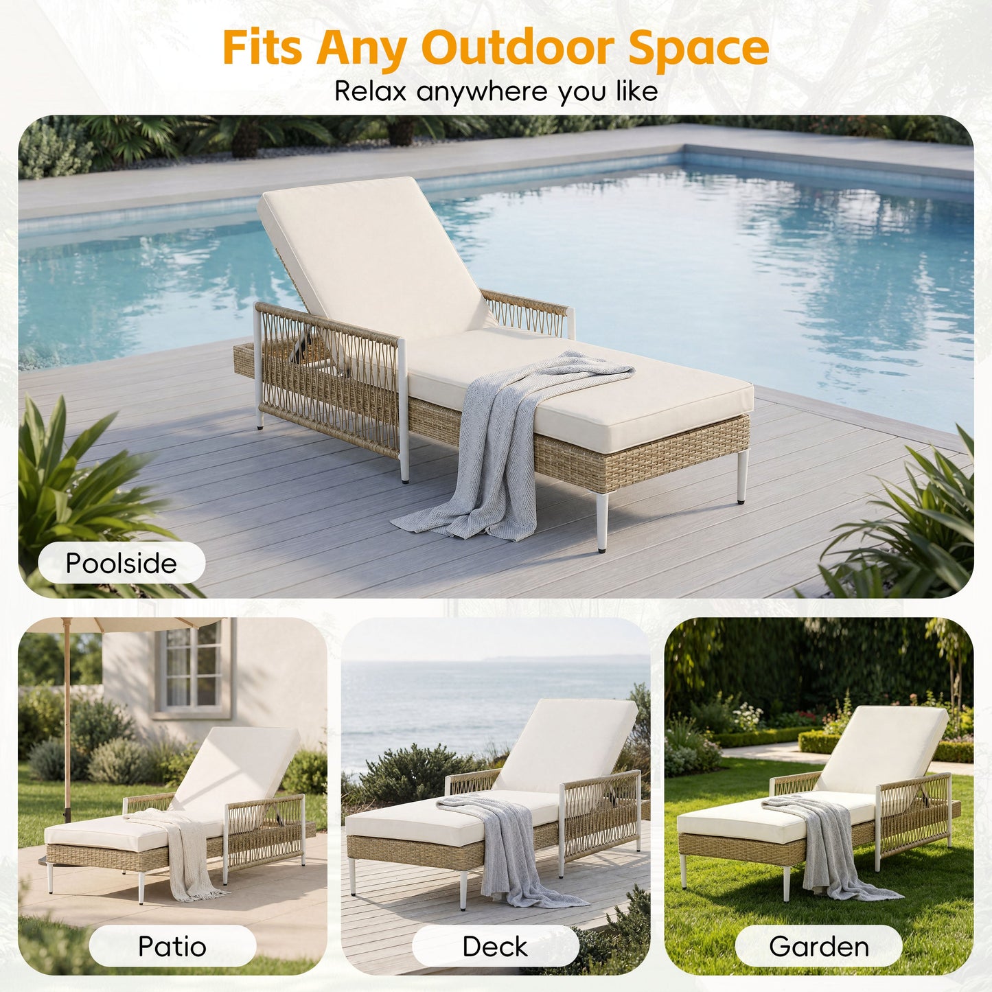 TOPMAX Outdoor All-Weather PE Rattan Chaise Lounge