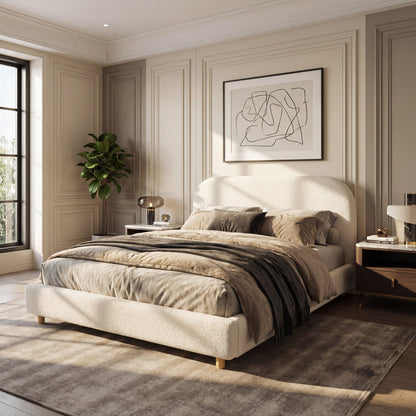 Queen Size Upholstered Bed With Boucle Fabric