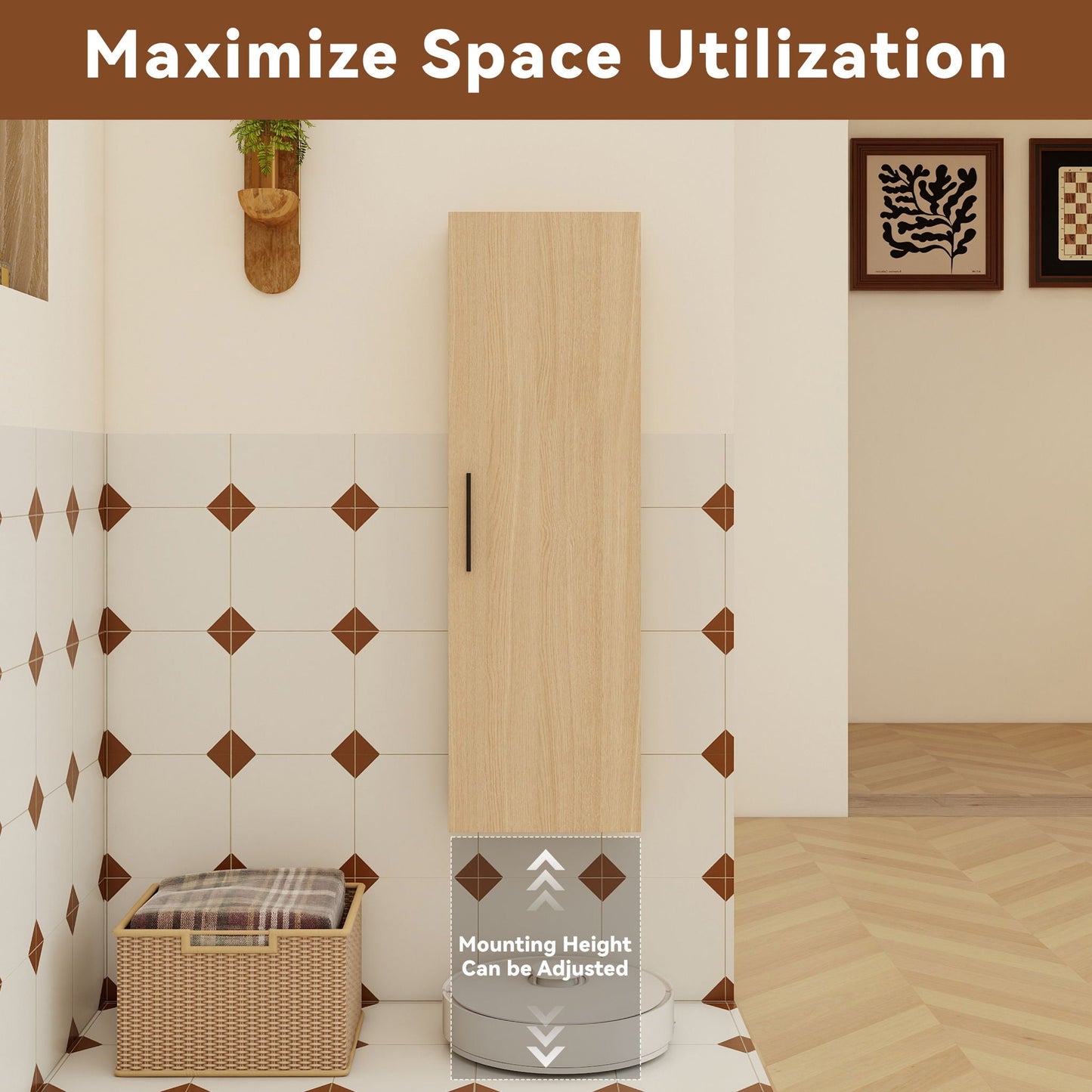 Tall Floating Bathroom Side Cabinet, Wall Mounted Single Door Storage - Light Oak