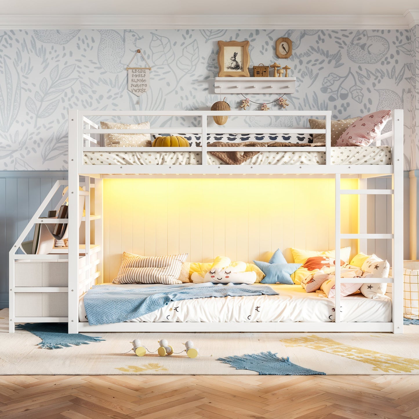 Twin Over Twin Bunk Bed with Storage Shelves and Drawers