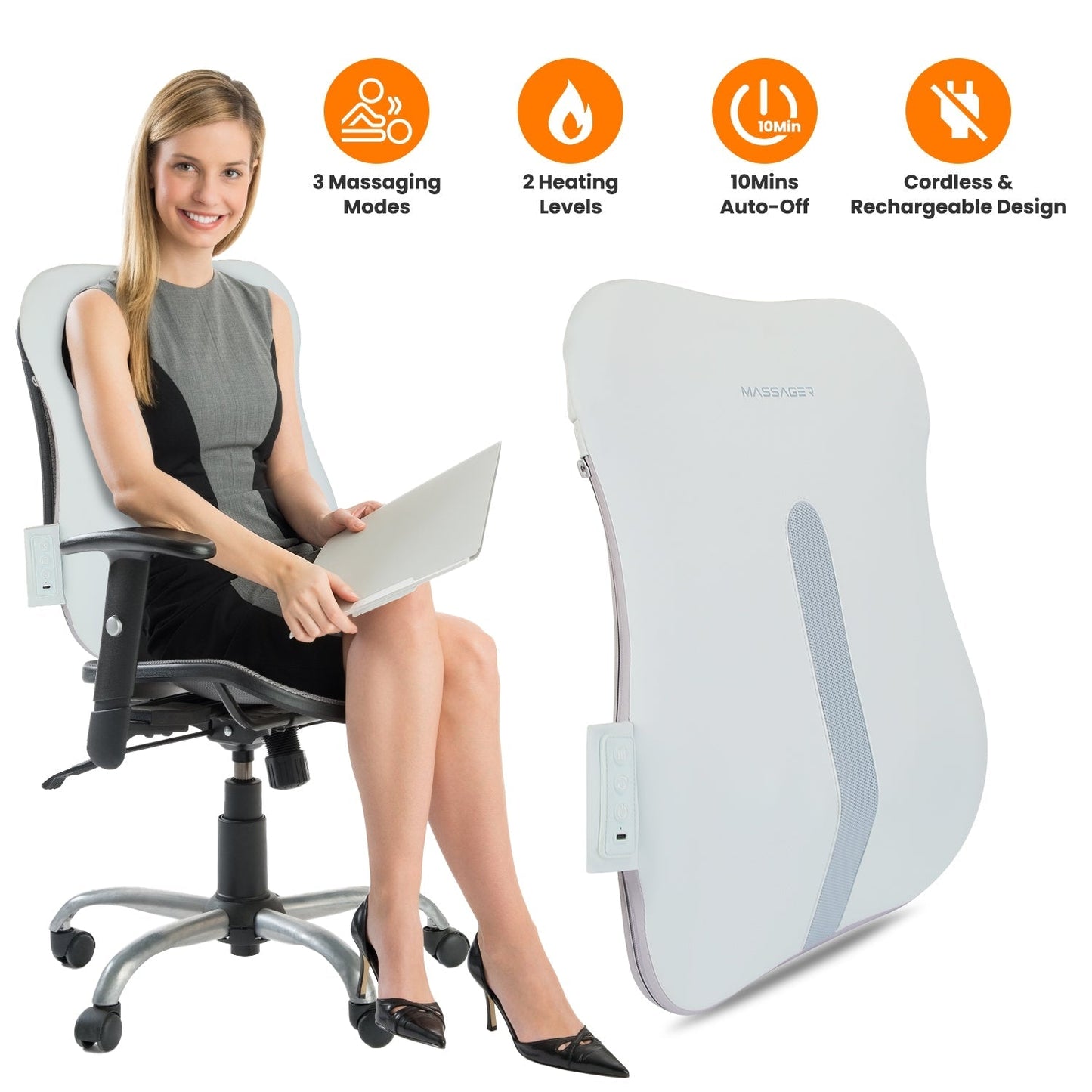 Shiatsu Back MassagerÊ3D Deep Tissue Kneading Massage Pillow Cordless USB Rechargeable with 3 Massaging Modes 2 Heating Levels 10Mins Auto-OffÊfor Bac
