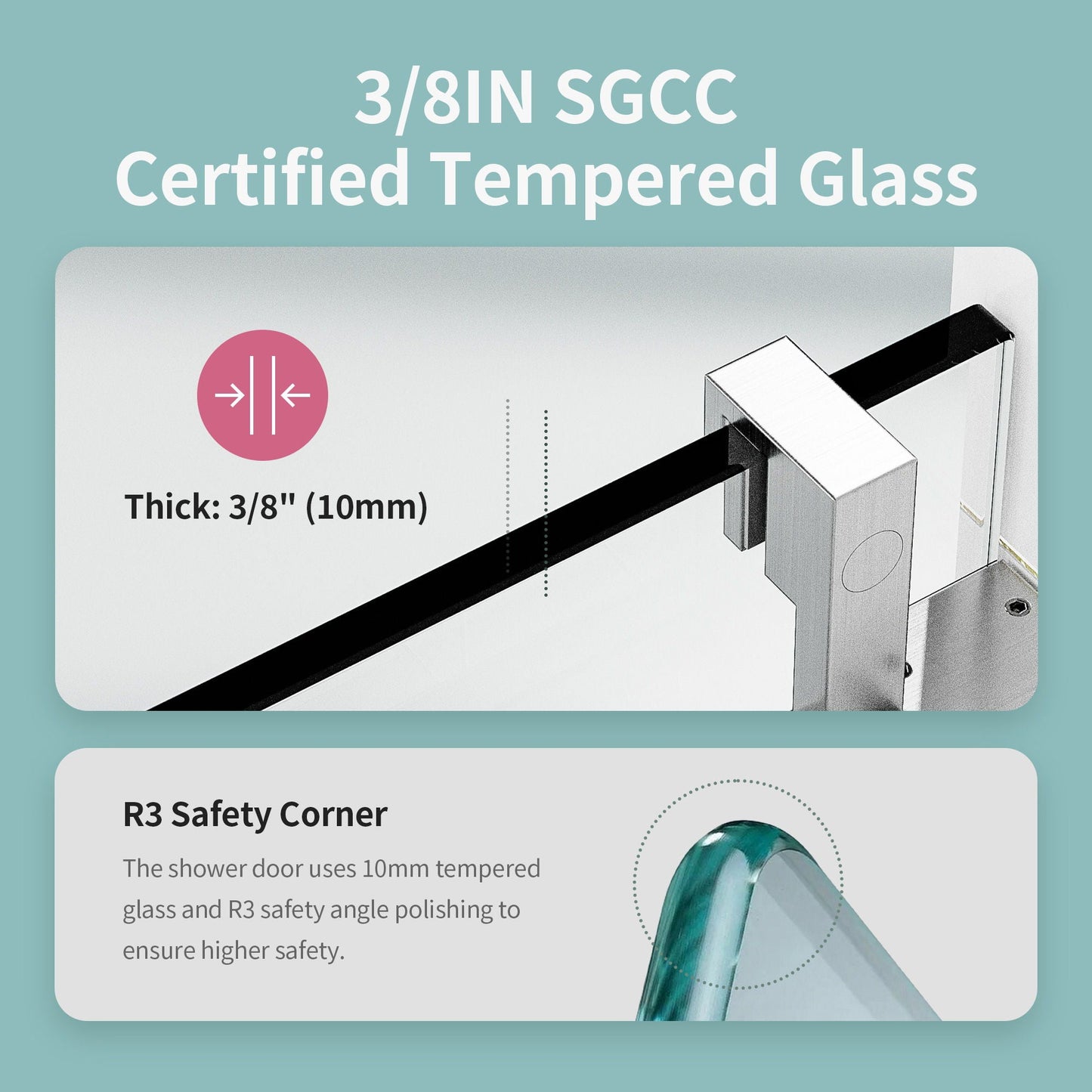 Frameless Single Sliding Soft Close Shower Doors, 3 / 8" Tempered Glass Reversible Installatio