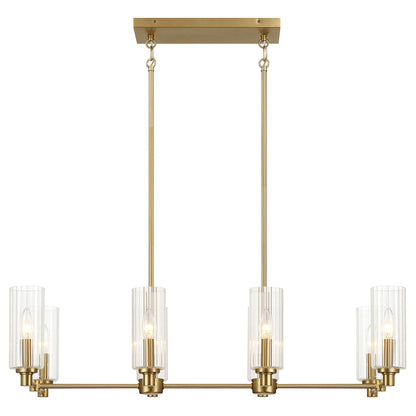 Willow - 8 Lights Island With Clear Ribbed Pendant Lamp Satin - Antique Brass / Clear / Gold