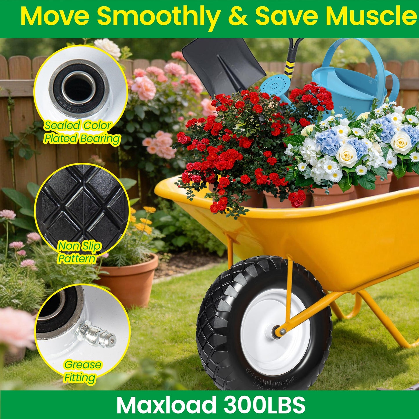 4.80/4.00-8 Flat-Free Solid Wheelbarrow Tire and Wheel, 16"