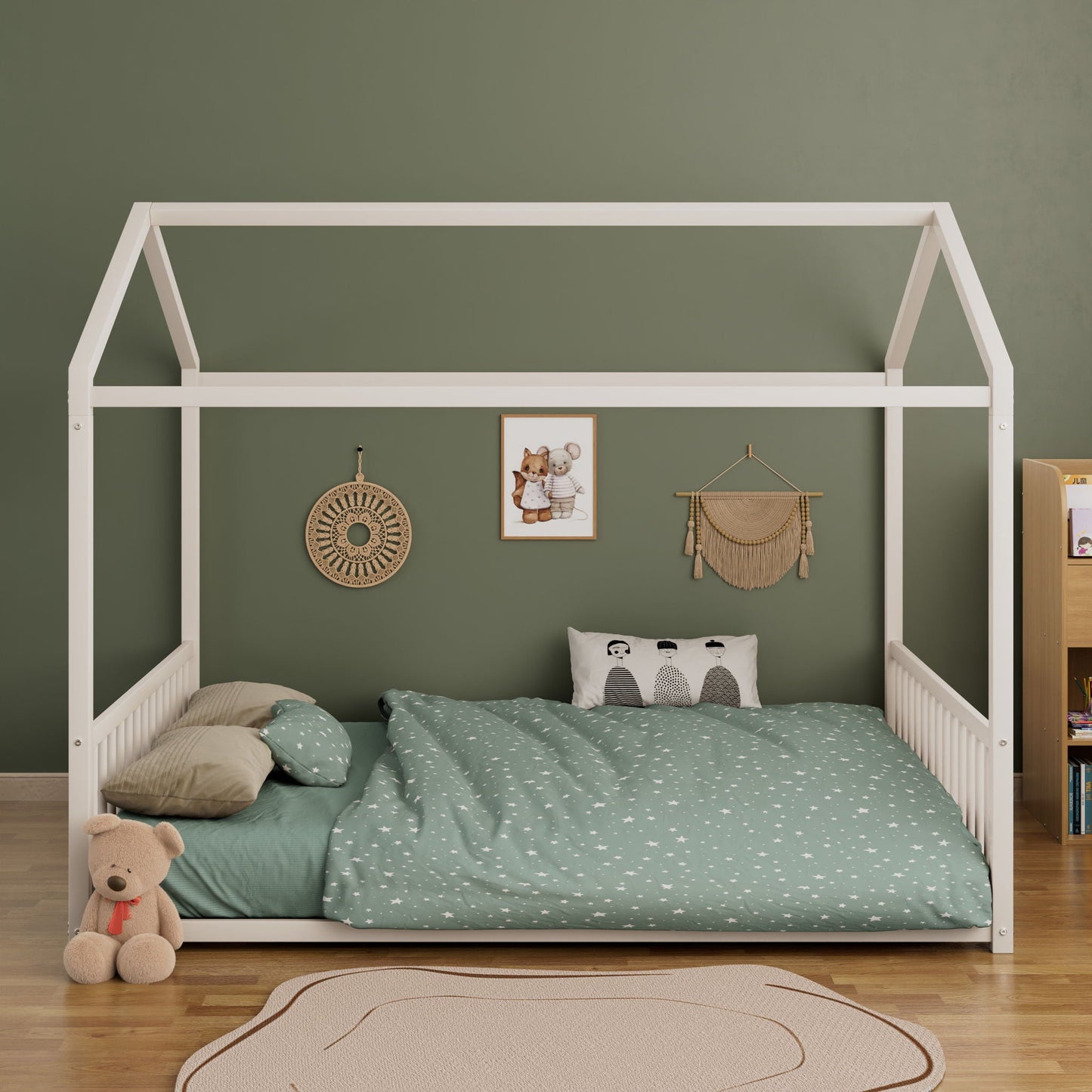 Montessori Style Floor House Shaped Bed With Safety Guardrails