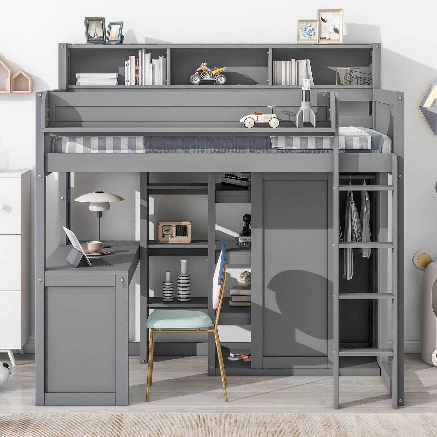 Loft Bed With Built In Desk, Storage Shelves, And Wardrobe