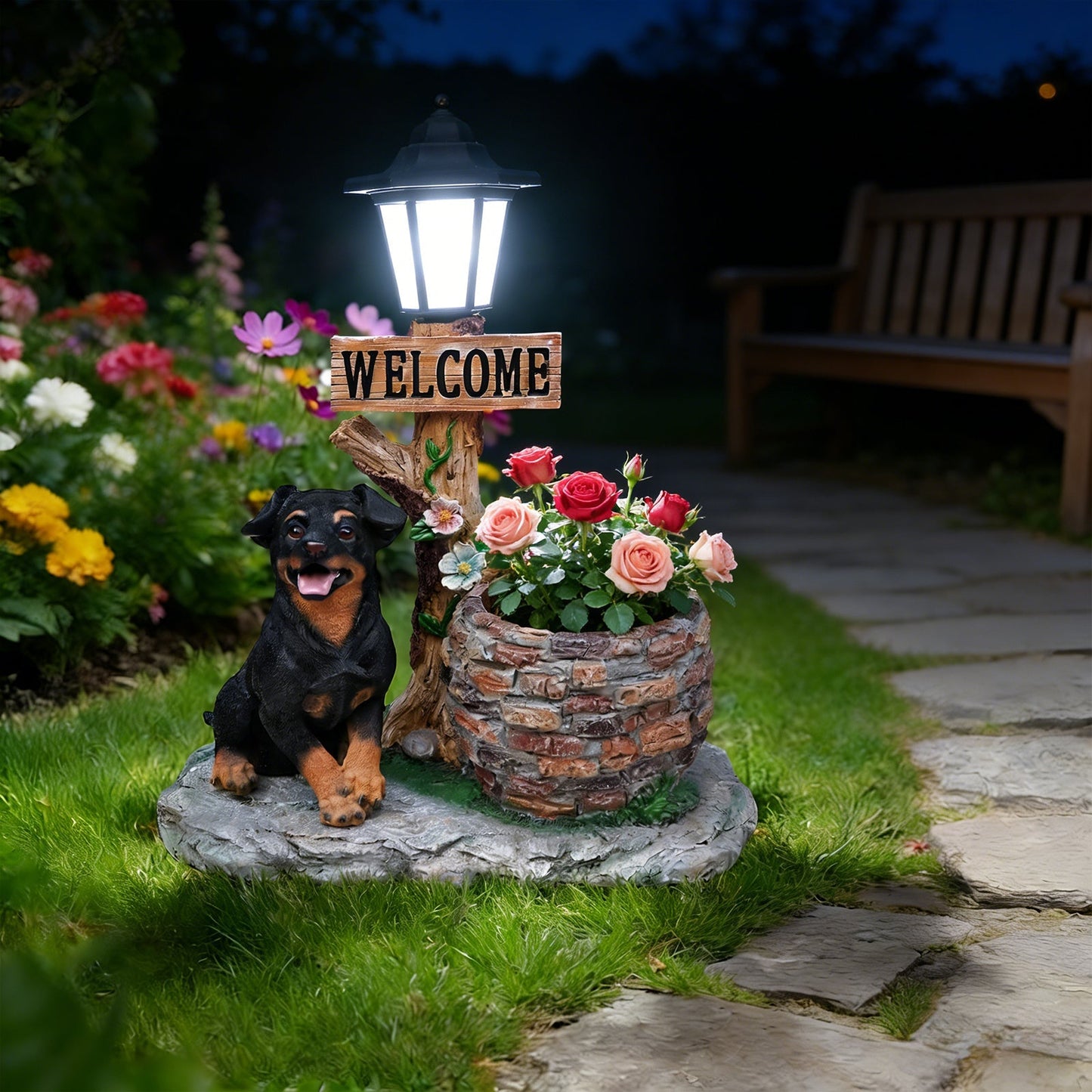 Puppy Dog Solar Planter Outdoor Statue