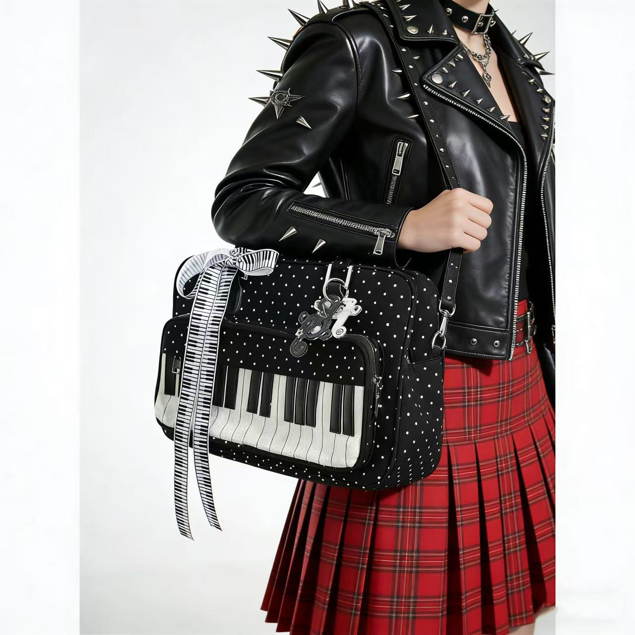Lightweight Abeibi Polka-Dot Black And White Piano Key Shoulder Bag