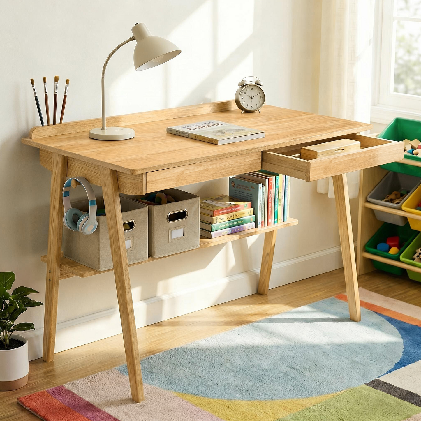 Solid Wood Writing Desk with 2 Drawers & Storage Shelf