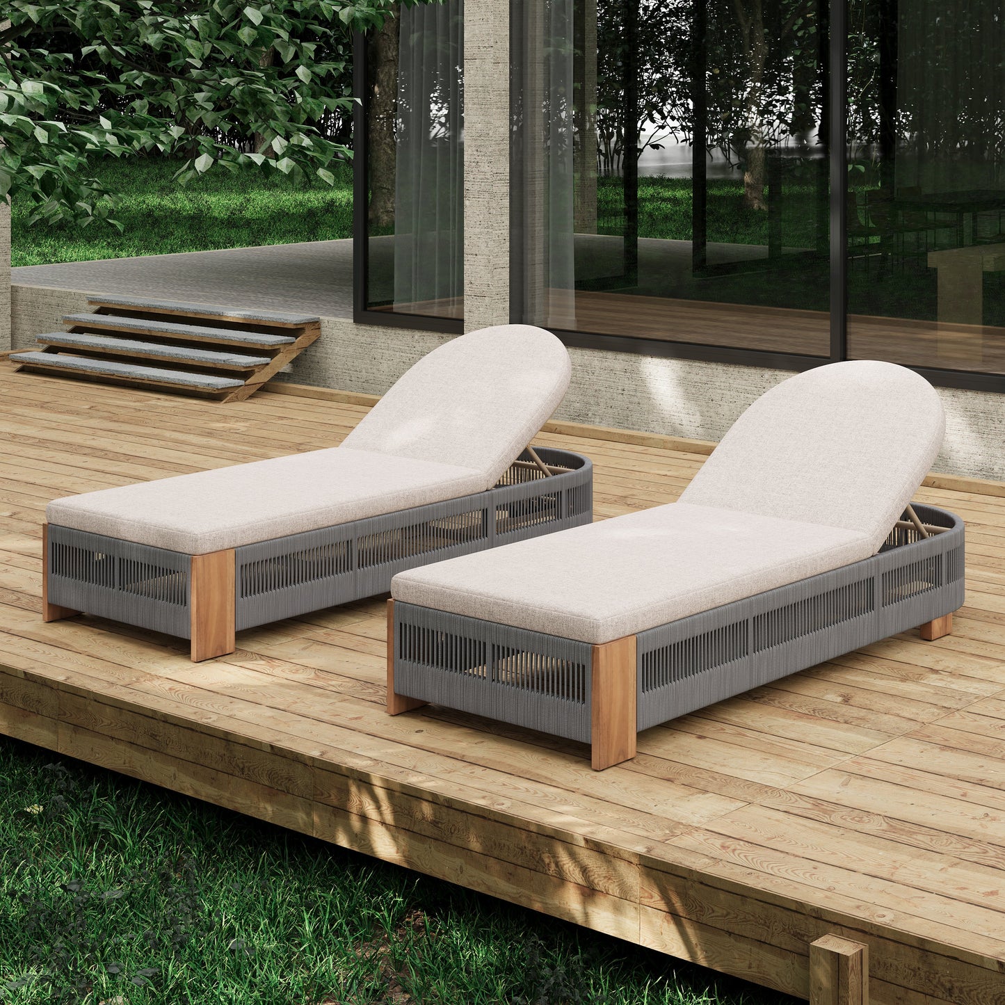 Outdoor Acacia Wood Patio Adjustable Lounge Chair Set of 2