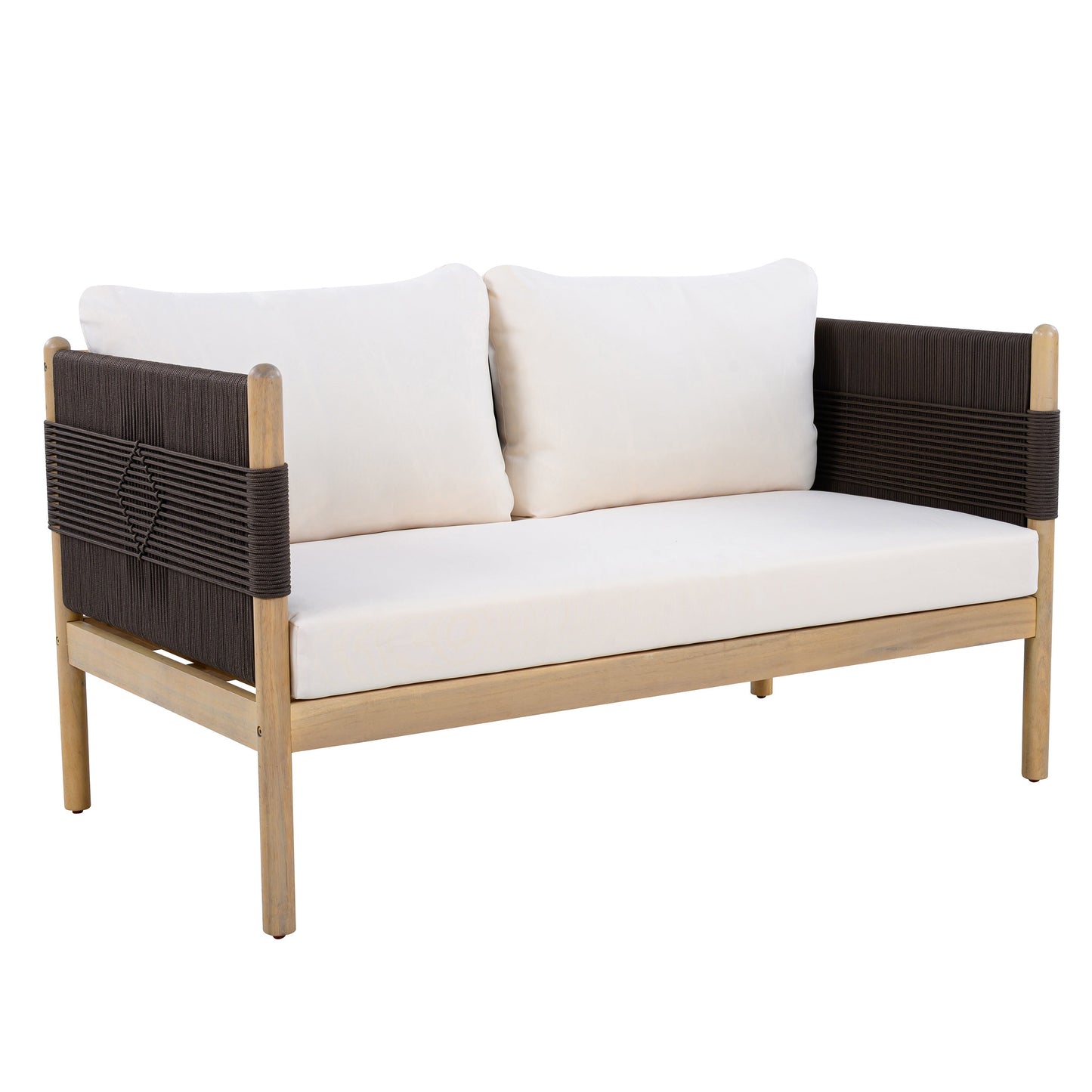 Outdoor Acacia Wood Loveseat with Diamond Rope Weave & Cushions, Light Teak