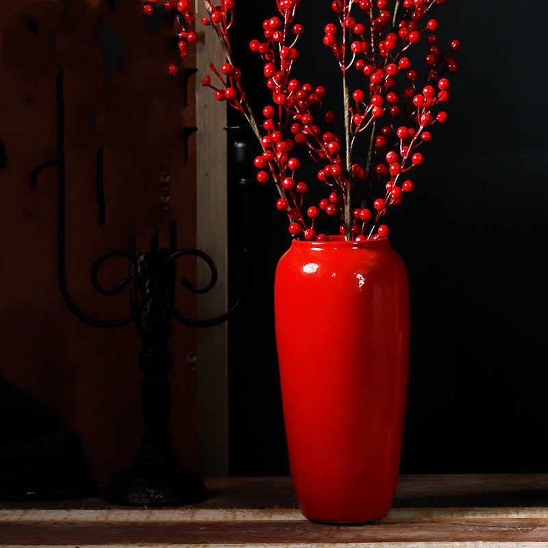 New Glossy Red Ceramic Living Room Decor Synthetic Flowers Vase