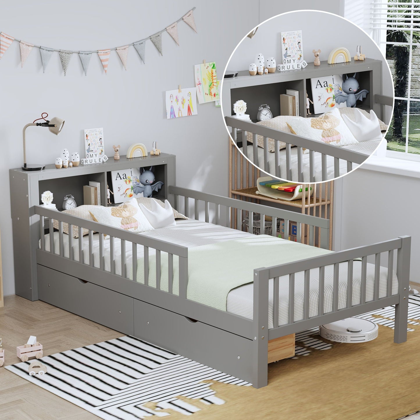 Bed With Headboard Storage Rack, 2 Under Bed Drawers, 3 Side Guardrails For Safety