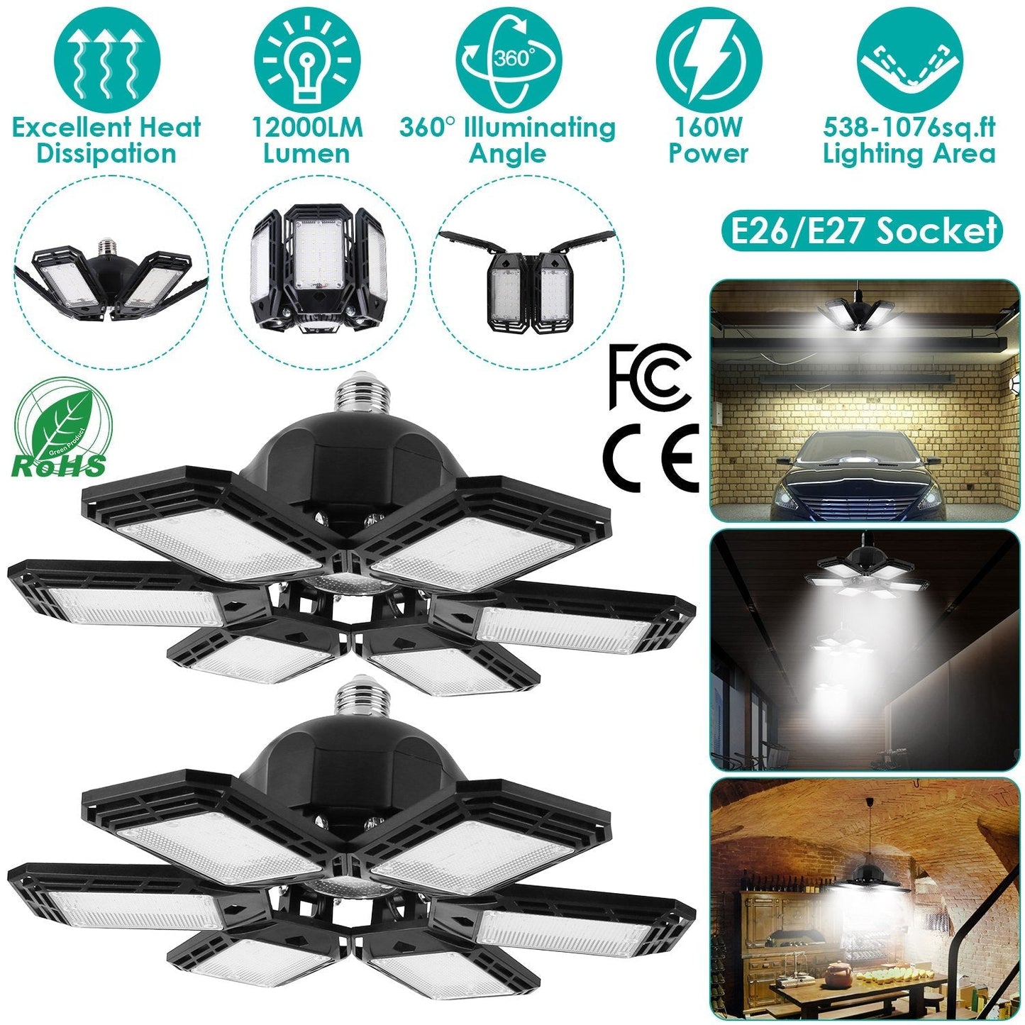 2 Packs LED Garage Lights 160W LED Shop Light Deformable E26/E27 Garage Ceiling Lights with 6 Adjustable Lighting Blades for Garage Basement Shop