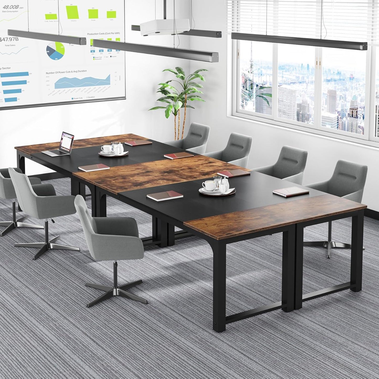 Executive Office Desk, Large Computer Workstation With Thick Frame - Brown / Black