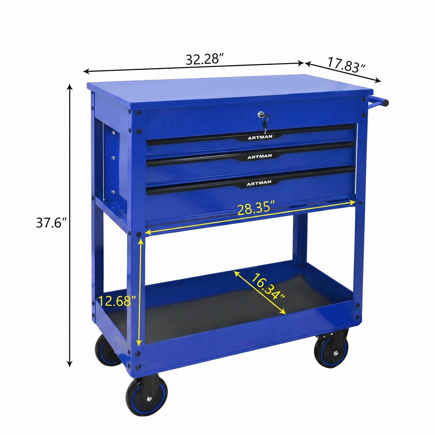 3 Drawers Multifunctional Tool Cart with Wheels and Steel Top - Blue & Black