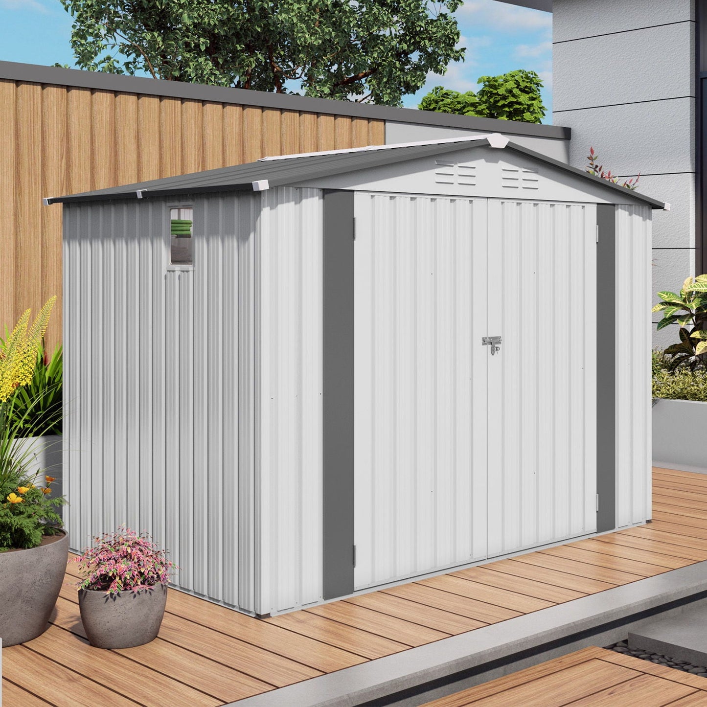 Outdoor Garden Storage Shed, Tool Shed With Pitched Roof Waterproof With 1 Window And 2 Lockable Door - White / Gray