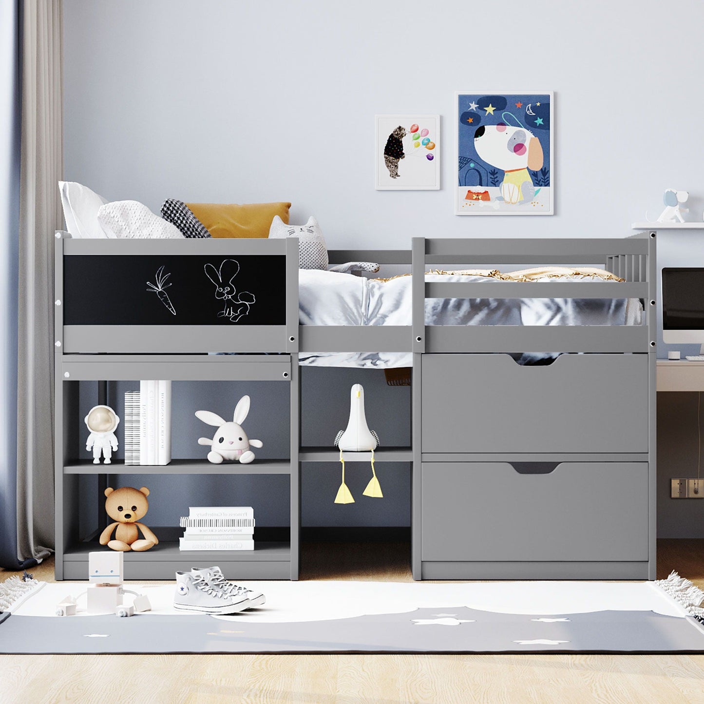 Low Loft Bed With Rolling Desk, Shelf And Drawers