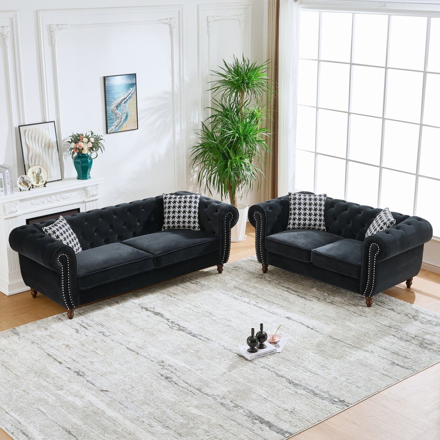 Chesterfield 3 And 2 Seater Upholstery Sofa With Roll Armrest & Nailhead Fabric Couch