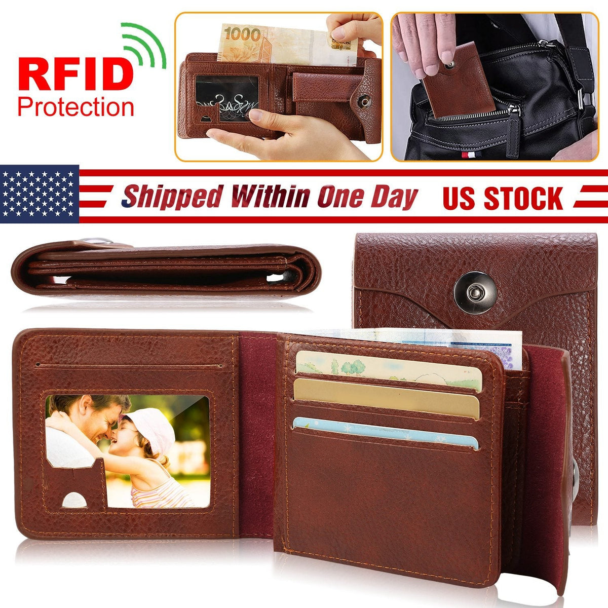 MenÕs Wallet PU Leather Bifold Purse Slim RFID Blocking Card Holder Cases w/ 2 ID Window Coin Pocket