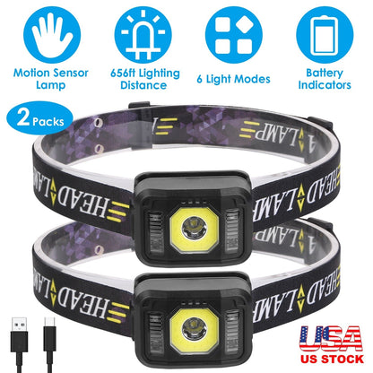 2Packs Rechargeable Motion Sensor Headlamp 6 Light Modes COB XPG Headlight Torch Flashlight for Fishing Running Camping Hiking