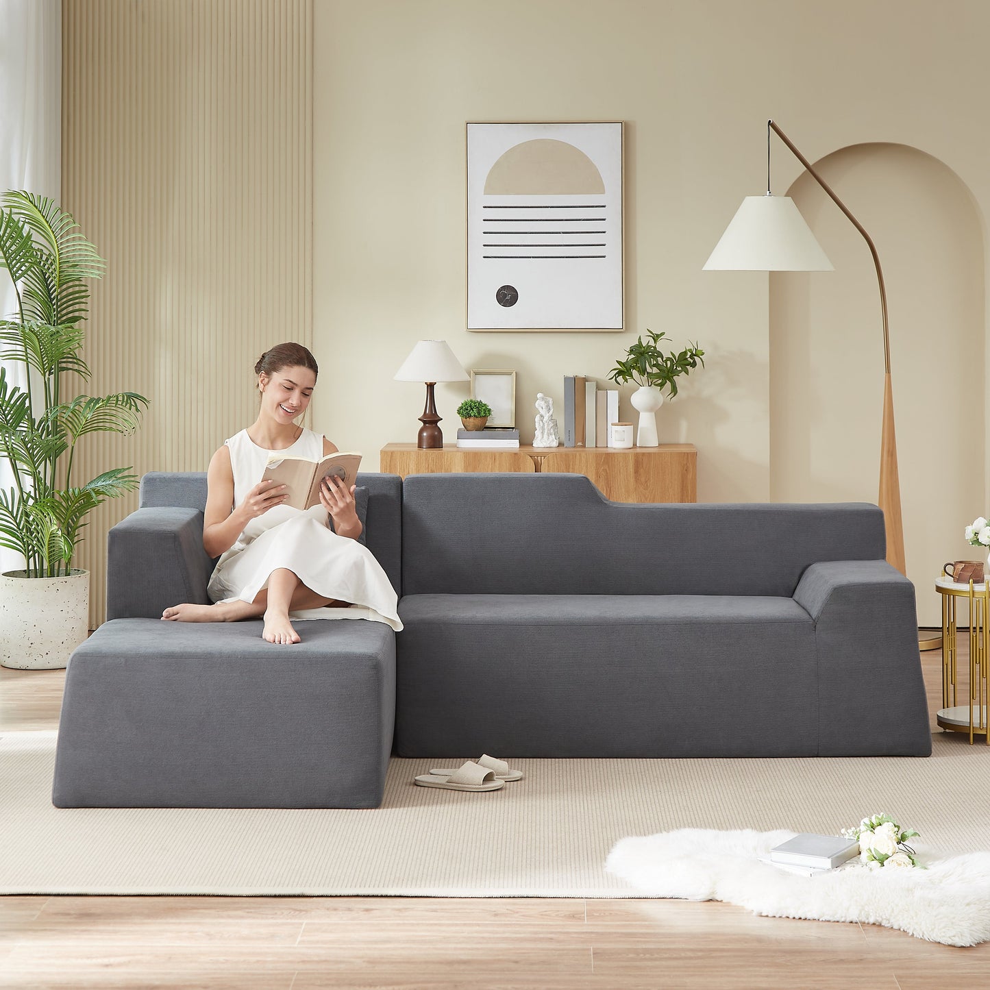 Modern Minimalist L-Shaped Corduroy High Back Sofa