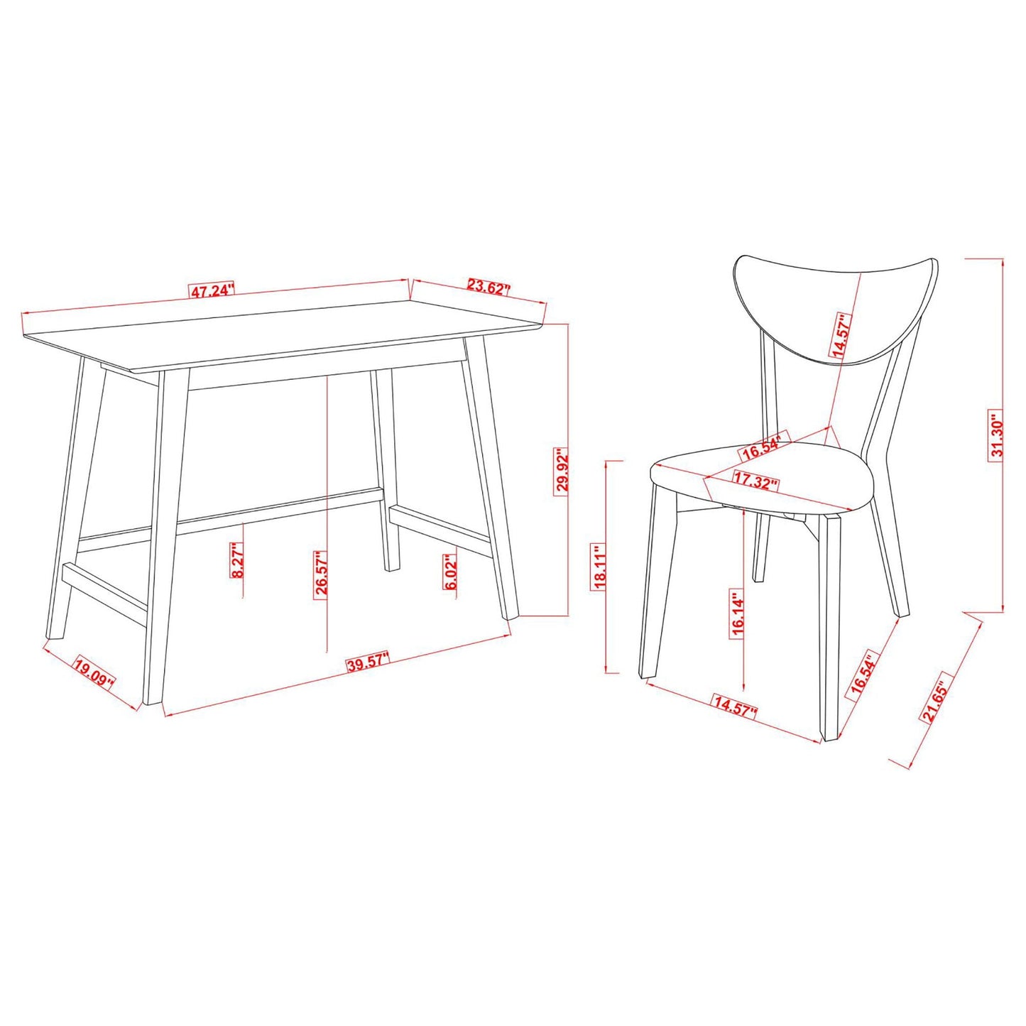 2 Piece Writing Desk Set With Chair - Brown