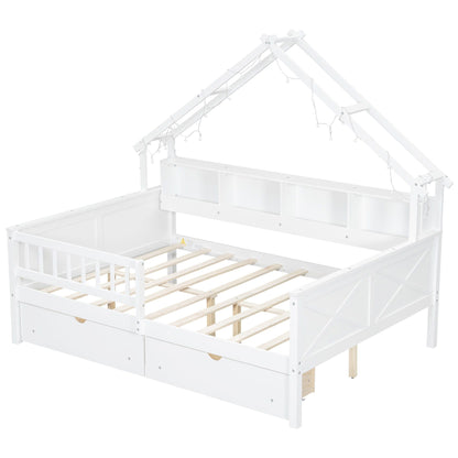 House Style Platform Bed With LED Lights, Storage Shelves, Drawers, And Guardrail