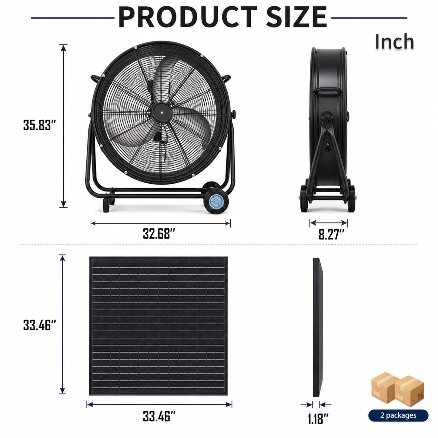 30" Wheeled Solar Fan with 140W Adjustable Monocrystalline Solar Panel