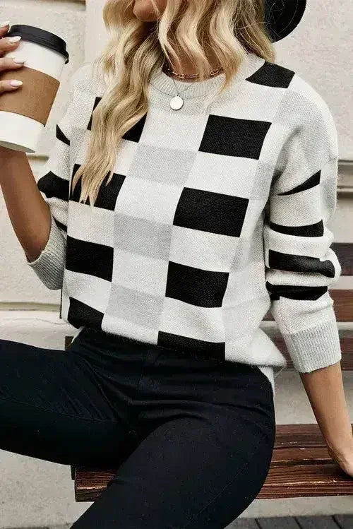 Checkered Drop Shoulder Sweater - Khaki Knit | Femstylo