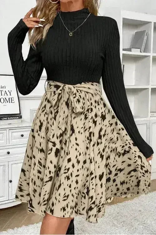 Tied Mock Neck Printed Dress | Long Sleeve Wrap Style | Femstylo