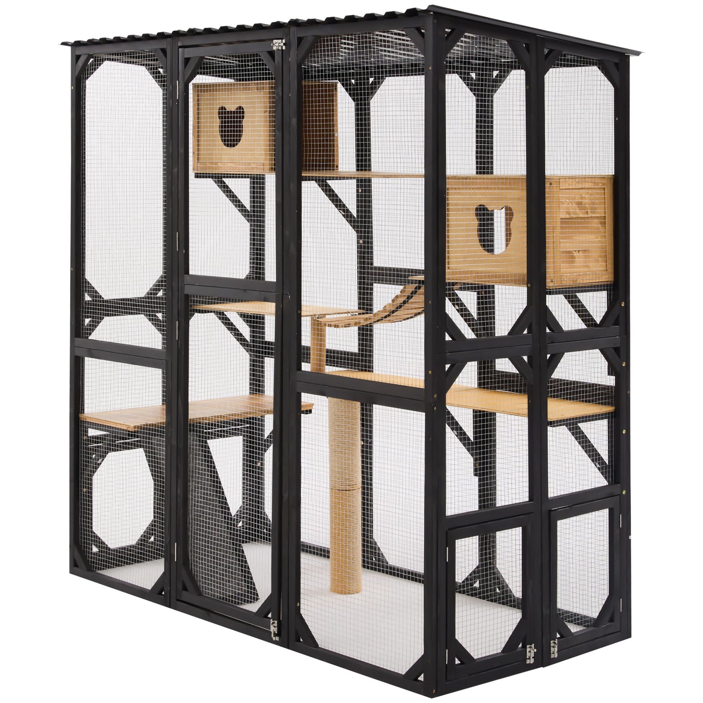 Outdoor Cat Enclosure With Sleeping Houses, Jumping Platforms, Scratching Post