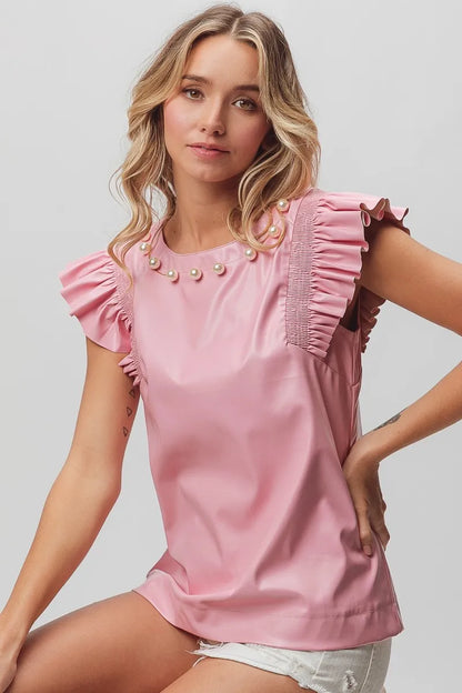 BiBi Leather Smocked Ruffled Top